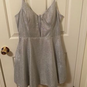 Silver Semi-Formal B Darlin Juniors Mini-Dress with Sheer Back Detail.
